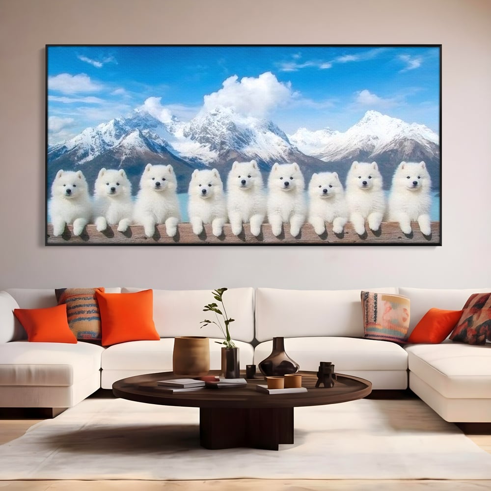 Tablou canvas cu tablou canvas cu sapte catei pe munti, in rama de aluminiu negru, pe perete intr-un living